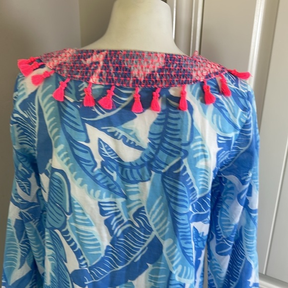 Sail to Sable Blue Banana Leaf Print Maxi Dress Blue White Tassel Vneck XS NEW - Picture 6 of 8